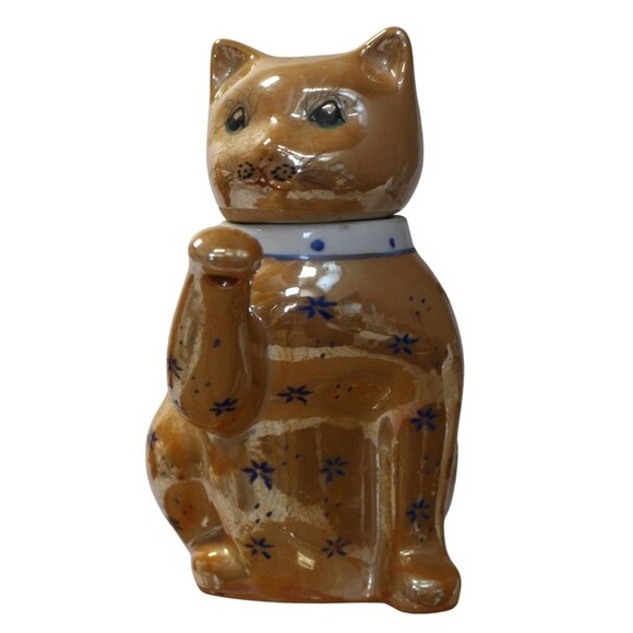 Vtg Maneki Neko Lucky Cat Teapot Porcelain HandPainted Lusterware Peach MCM 1950 - Picture 1 of 9